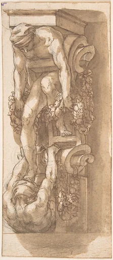 Design for a Bracket or Console with Two Figures caught in Strapwork