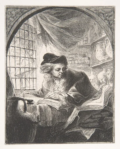 Young Man Writing and Reading from Large Volume at His Left