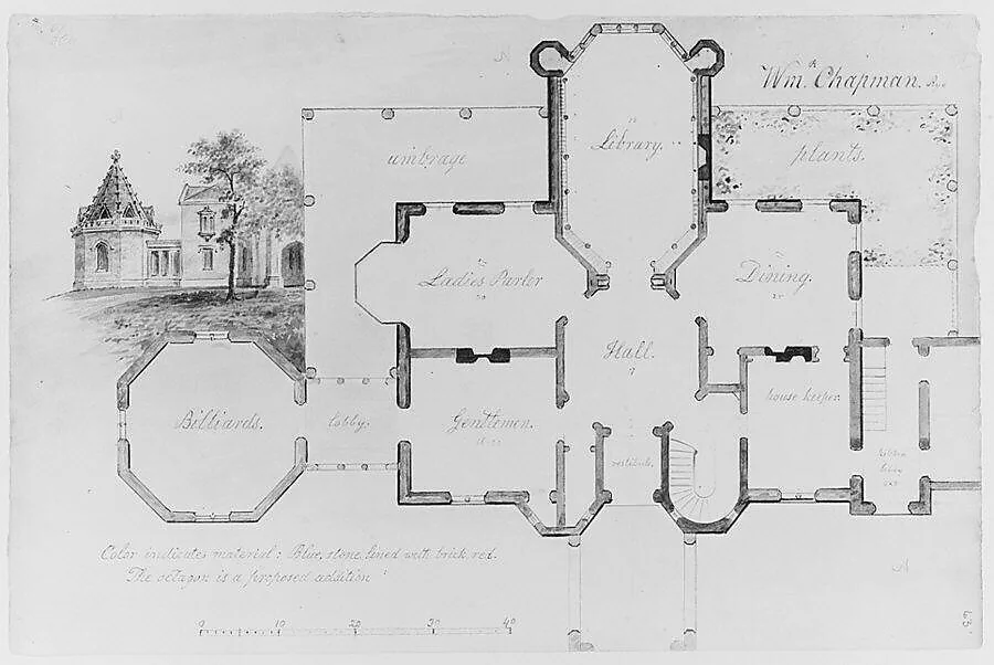 Whitby, William P. Chapman House, Rye, New York (plan and partial elevation) — Alexander Jackson Davis