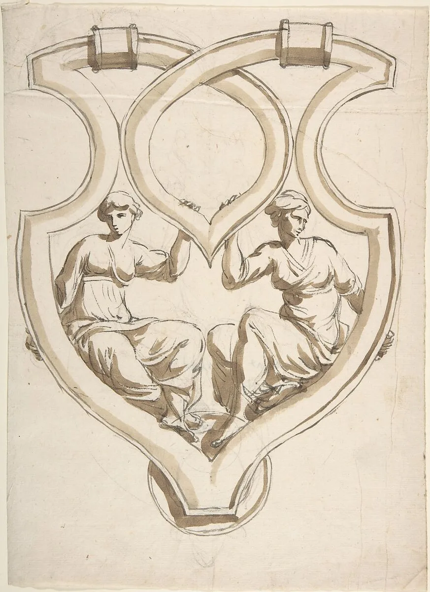Two Female Figures in Interlaced Cartouche Design for Door Knocker — Anonymous, French, 19th century