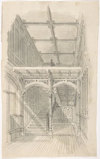 Design for a Tudor Paneled Hall and Staircase
