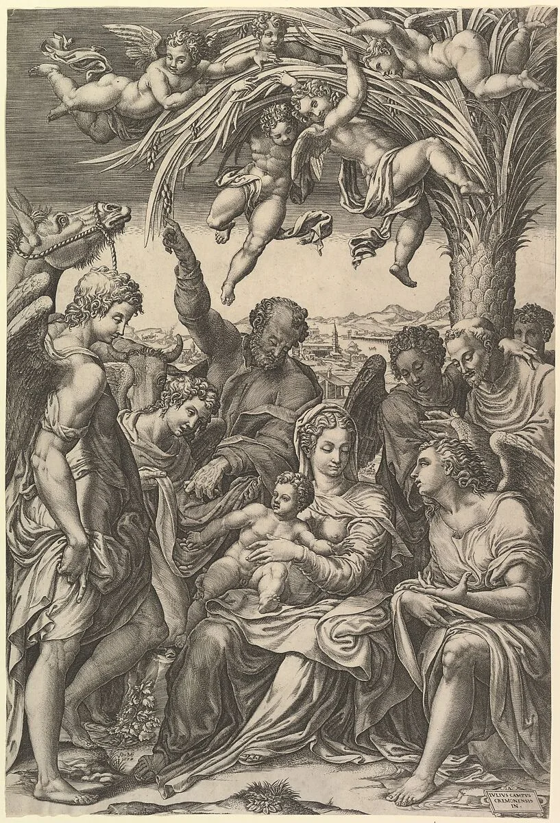 Rest on the Flight into Egypt; the Holy Family under a palm tree surrounded by angels, putti, and a male cleric or saint — Giorgio Ghisi|Giulio Campi