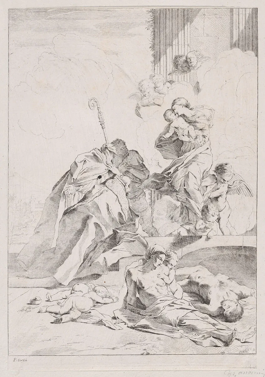 Three Lucchese saints Sts Nicholas Tolentino, Nicholas of Bari and Roch interceding with the Virgin on behalf of the victims of the plague — Pietro Testa|Anonymous, 17th century