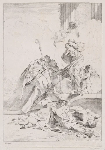 Three Lucchese saints Sts Nicholas Tolentino, Nicholas of Bari and Roch interceding with the Virgin on behalf of the victims of the plague