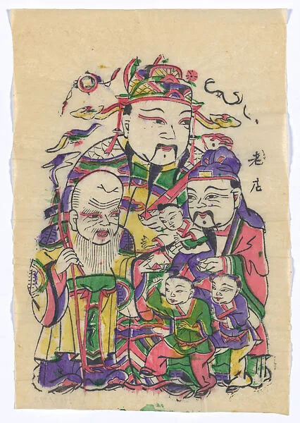 現代 佚名 福祿壽三星門畫(左) 彩印木刻年畫 河南朱仙鎮德順老店(CP465對幅)|New Year Picture of Door Gods of Fortune, Emolument, and Longevity (paired with CP465, left) — Unidentified