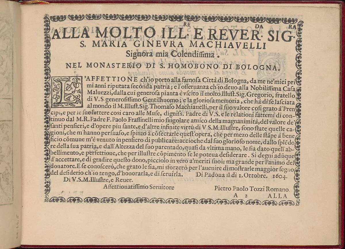 Ghirlanda: Di sei vaghi fiori scielti da piu famosi Giardini d'Italia, page 2 (recto) — Pietro Paulo Tozzi|Libraria del Giesu