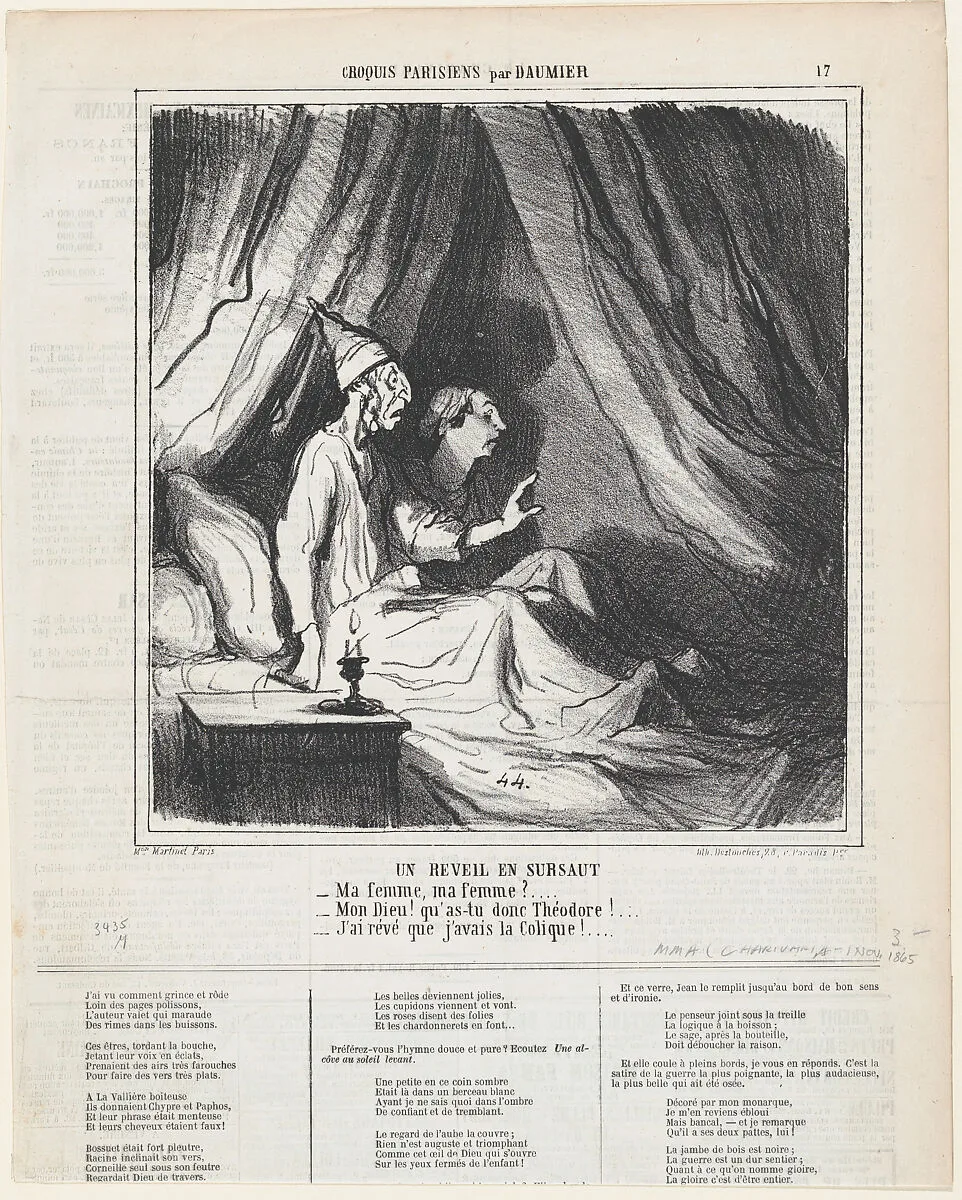 A sudden awakening, from 'Parisian sketches,' published in Le Charivari, November 1, 1865 — Aaron Martinet|Destouches|Honoré Daumier