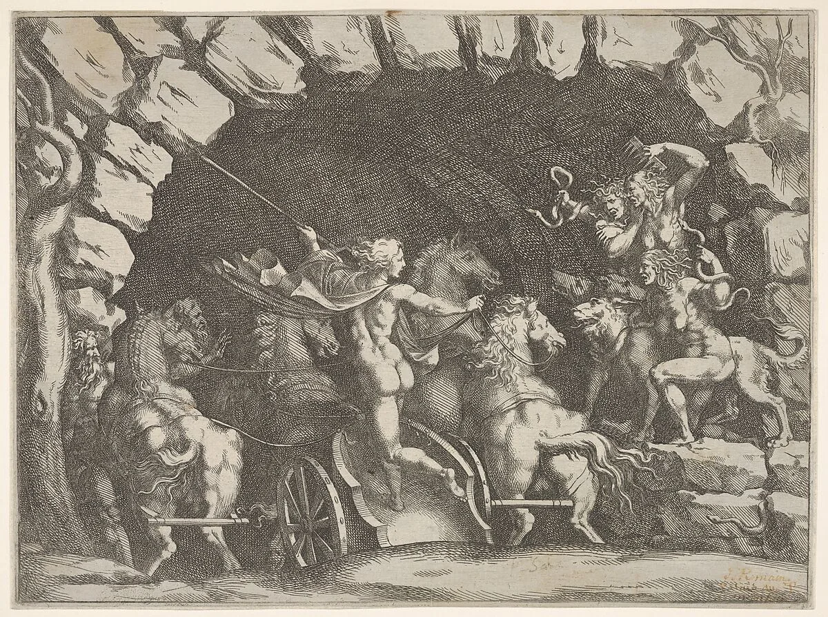 Pluto, seen from behind, entering the Underwold on his chairot, Cereberus and three Furies to right, from 'Giove che fulmina li giganti', after the frescoes on the ceiling of the Sala dei Giganti designed by Giulio Romano for the Palazzo del Te, Mantua — Pietro Santi Bartoli|Giulio Romano