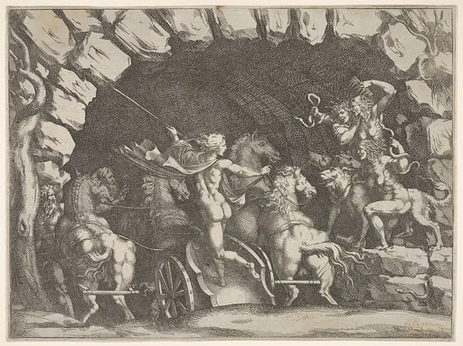 Pluto, seen from behind, entering the Underwold on his chairot, Cereberus and three Furies to right, from 'Giove che fulmina li giganti', after the frescoes on the ceiling of the Sala dei Giganti designed by Giulio Romano for the Palazzo del Te, Mantua