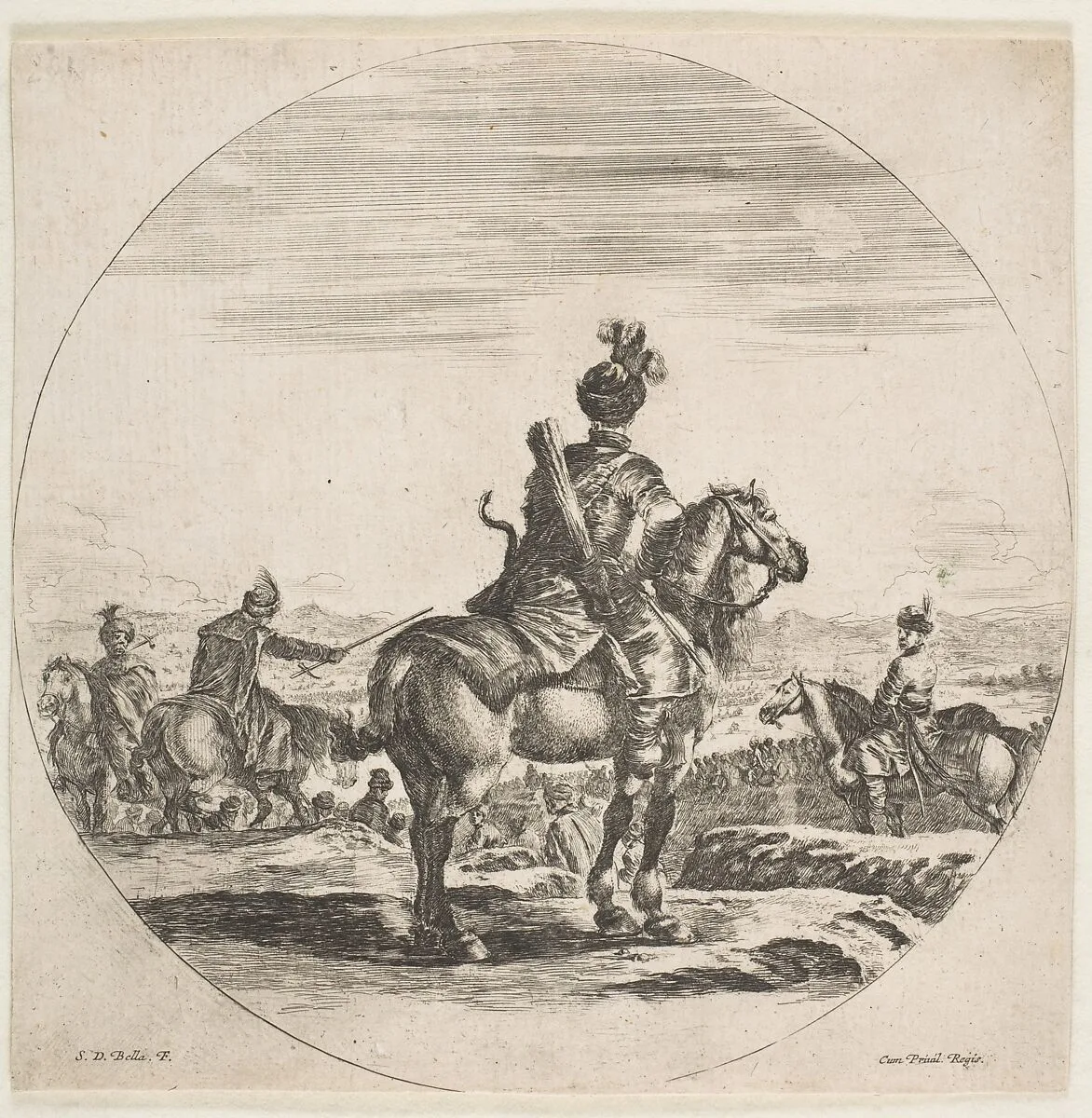 Polish horseman with a bow and arrow, seen from behind with his horse facing right, a circular composition, from "Figures on Horseback" (Cavaliers nègres, polonais et hongrois) — Stefano della Bella