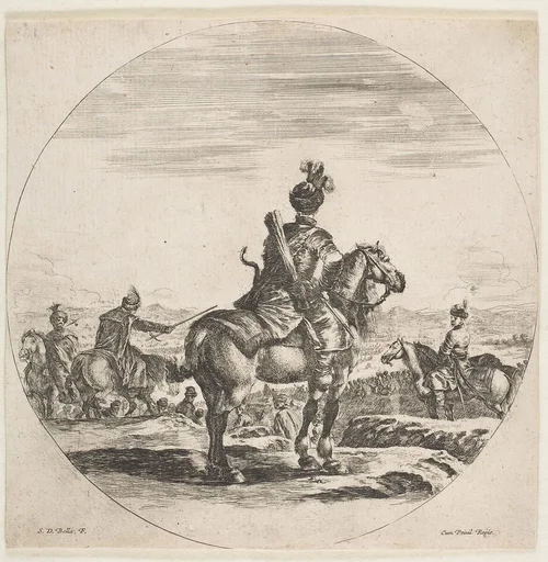 Polish horseman with a bow and arrow, seen from behind with his horse facing right, a circular composition, from "Figures on Horseback" (Cavaliers nègres, polonais et hongrois)