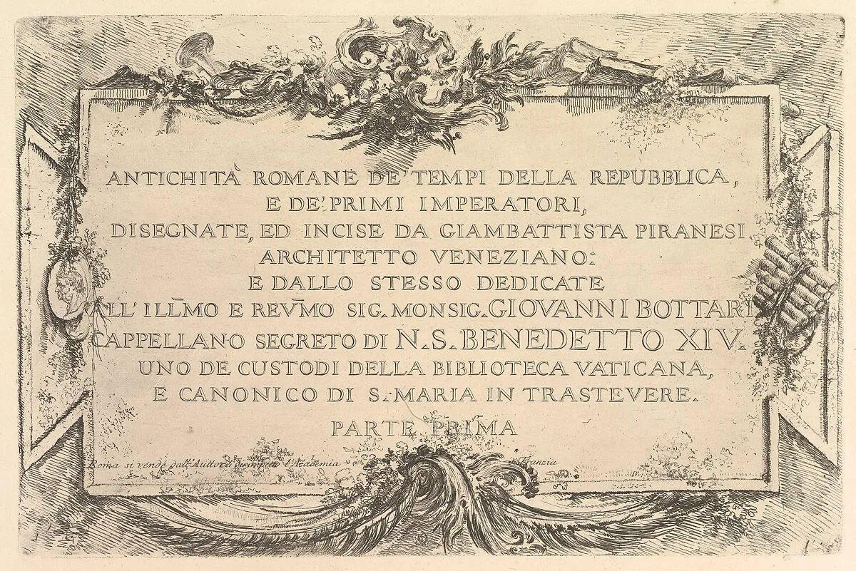 Title page from "Roman Antiquity of the Time of the Republic and the First Emperors" (Antichità Romane de' Tempi della Repubblica, e de' primi Imperatori) — Giovanni Battista Piranesi