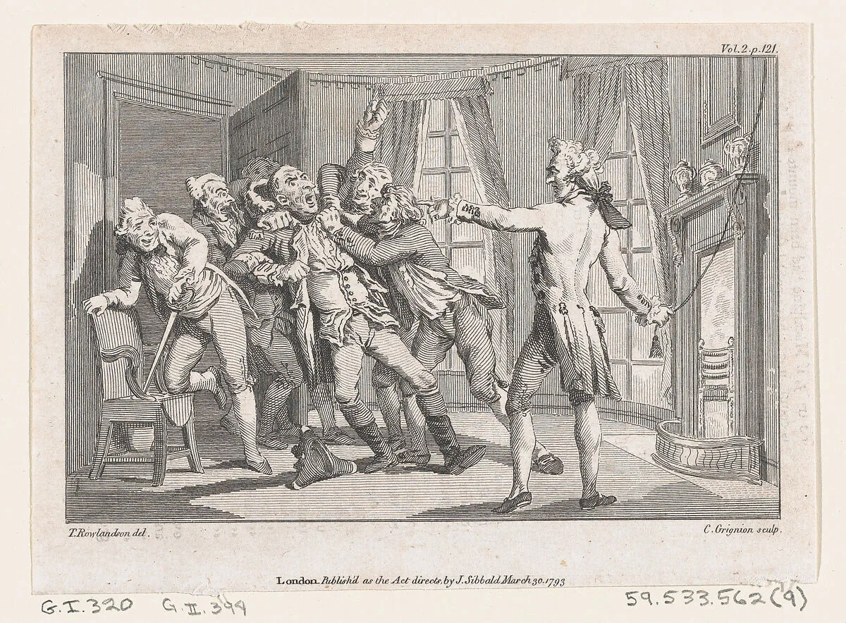 Lord Oxmington Repelling Lismahago's Challenge to Single Combat, an illustration from Tobias Smollett's "The Expedition of Humphry Clinker" (London, 1793), Vol. 1 — James Sibbald|Charles Grignion, I|Thomas Rowlandson