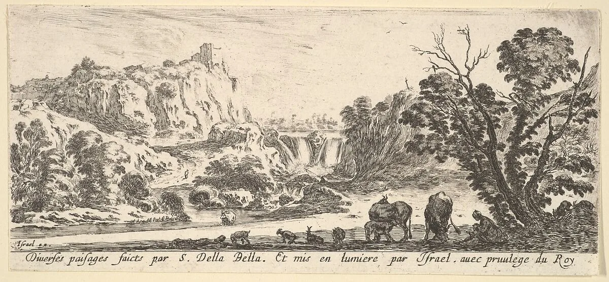 A waterfall descending from the mountains in the center background, various animals and a woman and child beneath a tree in the foreground, from 'Various landscapes' (Divers paysages) — Stefano della Bella|Israël Henriet