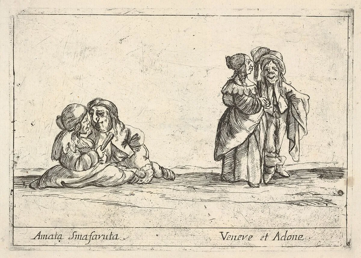 Callot figures; two seated dwarf lovers to left, the woman holding a fan, an old dwarf woman, in profile towards the right, standing with a dwarf man with long hair to right, from 'Six grotesques' (Six pièces de figures grotesques) — François Collignon|Stefano della Bella|Agostino Mitelli II