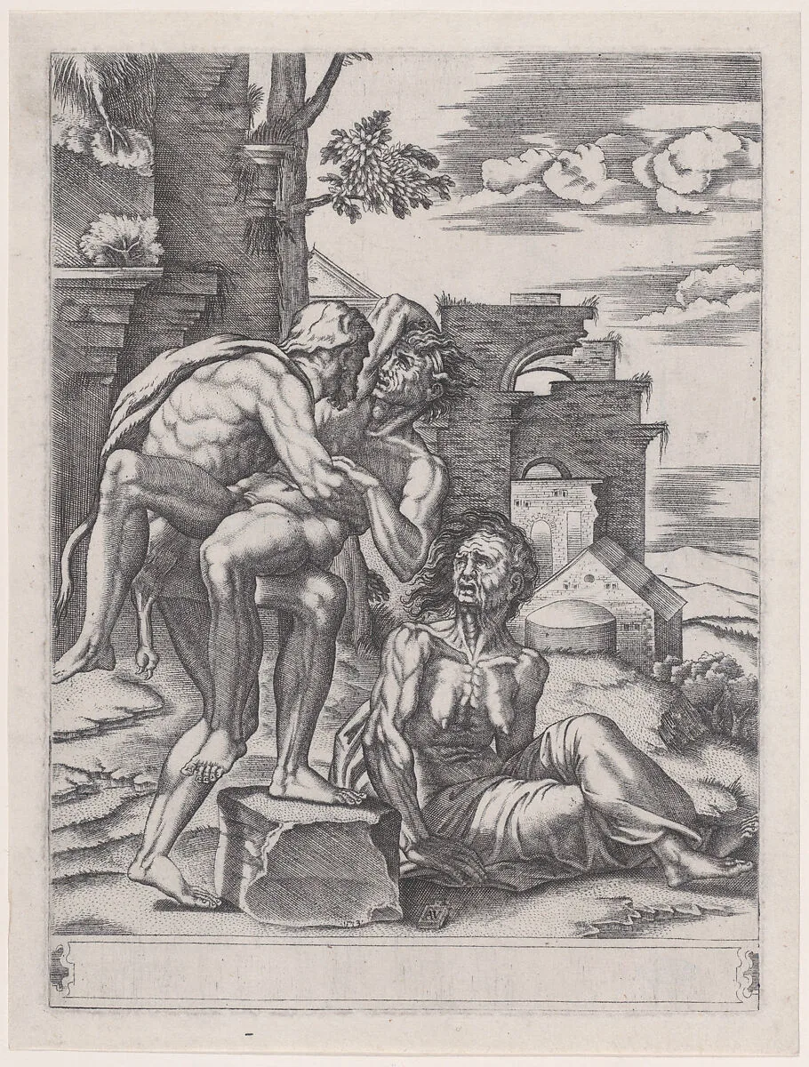Hercules and Antaeus — Agostino Veneziano (Agostino dei Musi)|Raphael (Raffaello Sanzio or Santi)