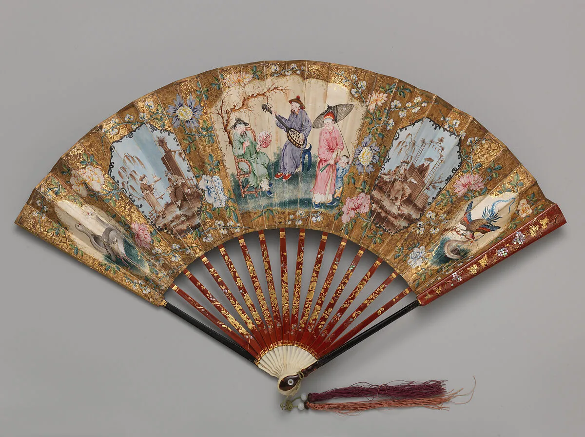 Folding Fan with Scene of a Musical Concert, flanked by a Fisherman and Birds — Unknown