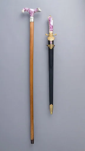 Walking Stick with Companion Hunting Sword, Knife, and Scabbard