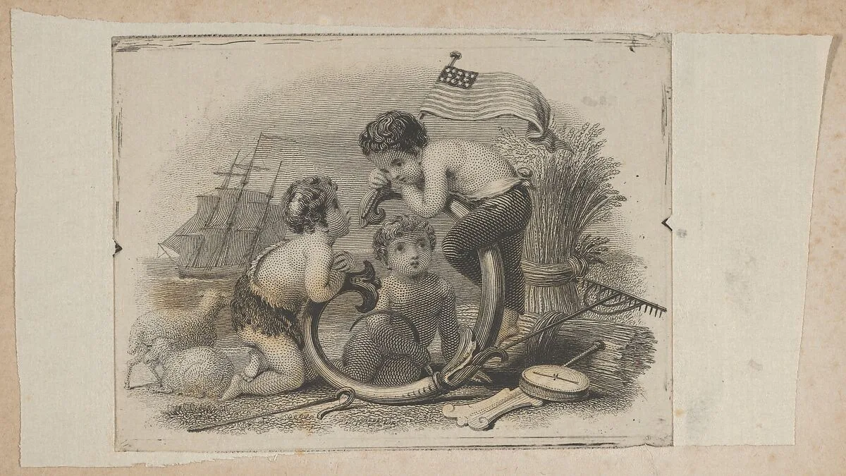 Banknote vignette with three putti as a shepherd, a farmer, and a sailor — Asher Brown Durand|A. B. & C. Durand & Company|Durand, Perkins, and Company