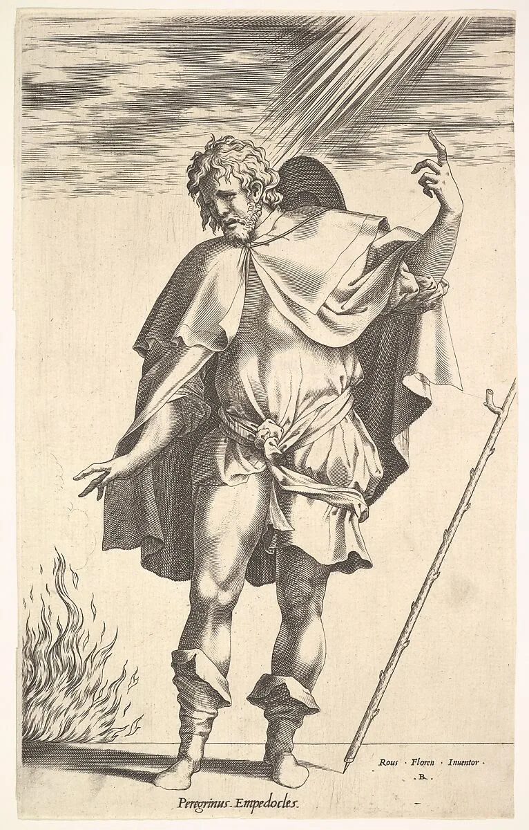 Empedocles, standing frontally with his head turned in three-quarter view, directs his gaze toward a flame (the crater of Mount Aetna?) emerging from a horizontal ground line, a walking stick leans toward the right margin — René Boyvin|Rosso Fiorentino