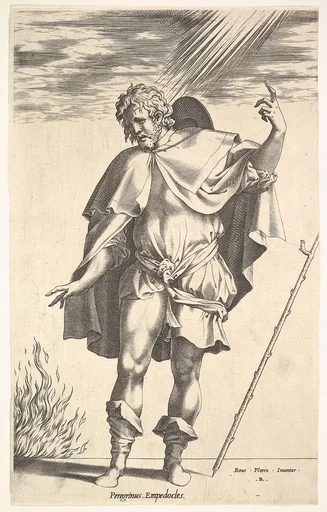 Empedocles, standing frontally with his head turned in three-quarter view, directs his gaze toward a flame (the crater of Mount Aetna?) emerging from a horizontal ground line, a walking stick leans toward the right margin