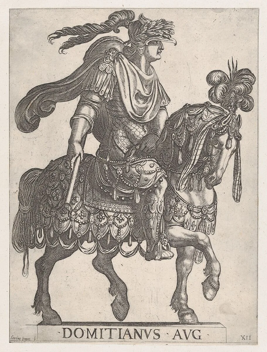 Plate 12: Emperor Domitian on horseback facing right from the 'First Twelve Emperors of Ancient Rome' — Antonio Tempesta