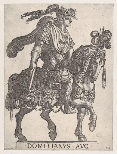 Plate 12: Emperor Domitian on horseback facing right from the 'First Twelve Emperors of Ancient Rome'