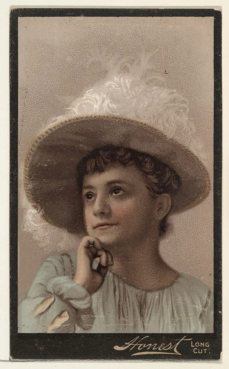 Actress wearing wide-brimmed hat decorated with white feathers, from Stars of the Stage, Third Series (N131) issued by Duke Sons & Co. to promote Honest Long Cut Tobacco — Joseph P. Knapp|American Tobacco Company|W. Duke, Sons & Co.