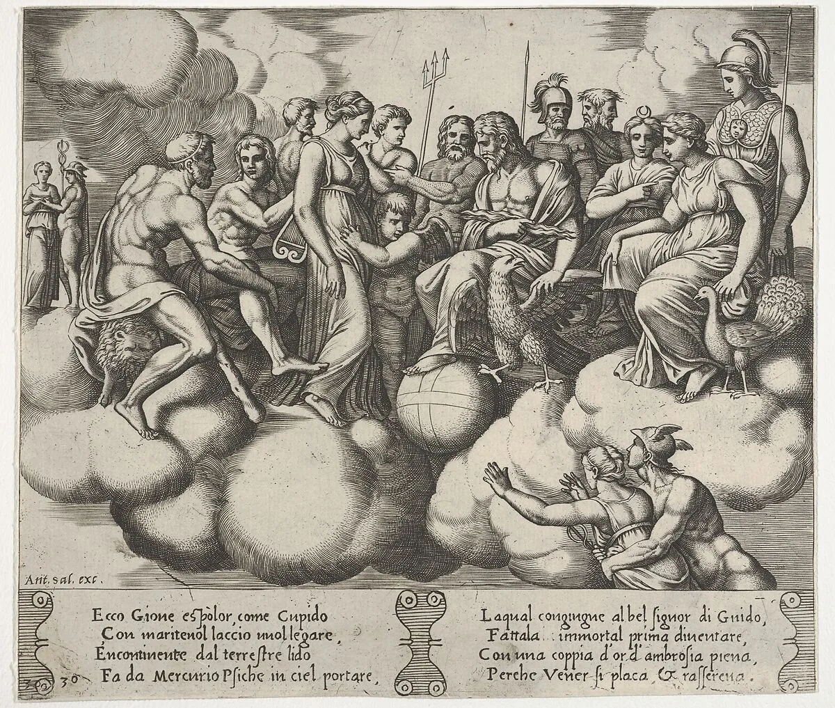 Plate 30: Cupid and Psyche plead their cases before the Gods, from the 'Fable of Cupd and Psyche' — Raphael (Raffaello Sanzio or Santi)|Master of the Die|Antonio Salamanca