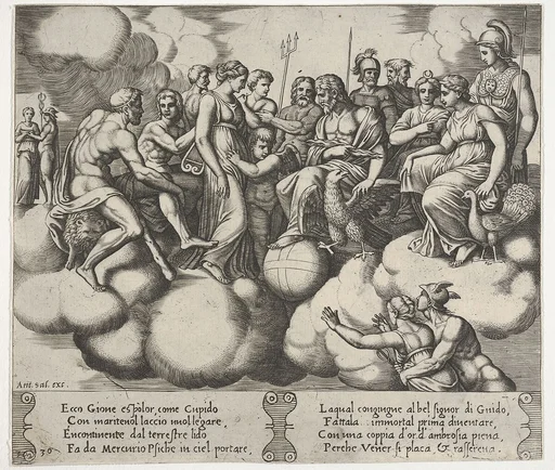 Plate 30: Cupid and Psyche plead their cases before the Gods, from the 'Fable of Cupd and Psyche'