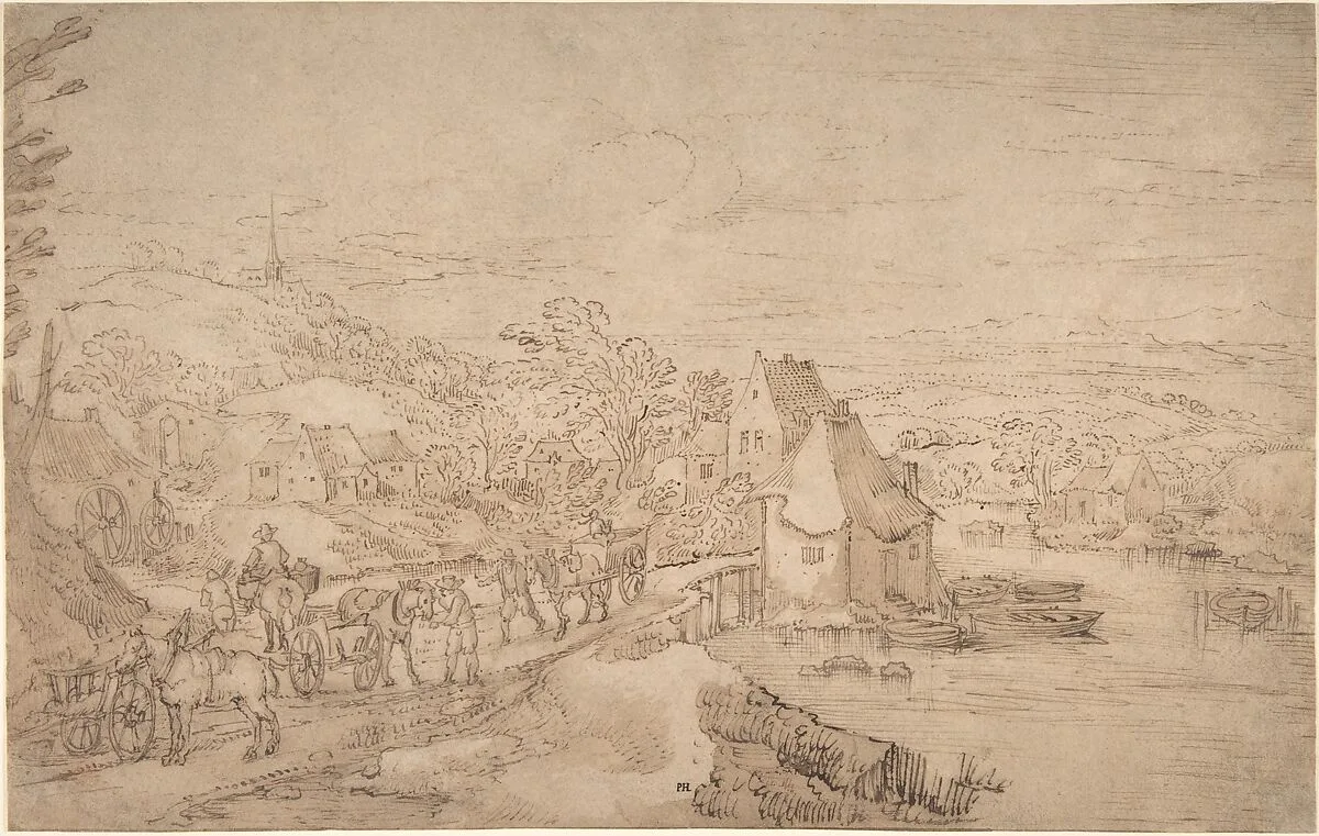 River Landscape with Wagons on a Road near a Village — Joos de Momper the Younger