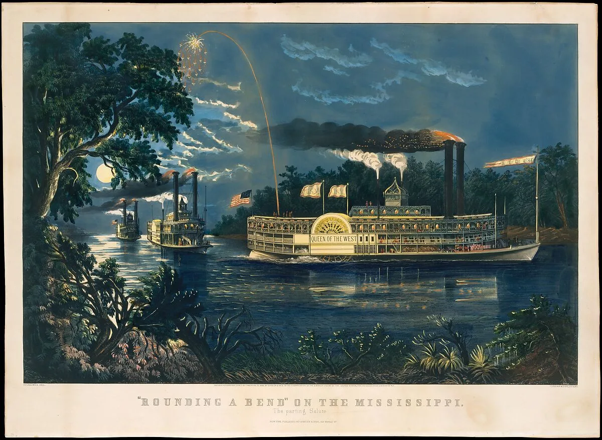 "Rounding a Bend" on the Mississippi – The Parting Salute — Currier & Ives|Frances Flora Bond Palmer