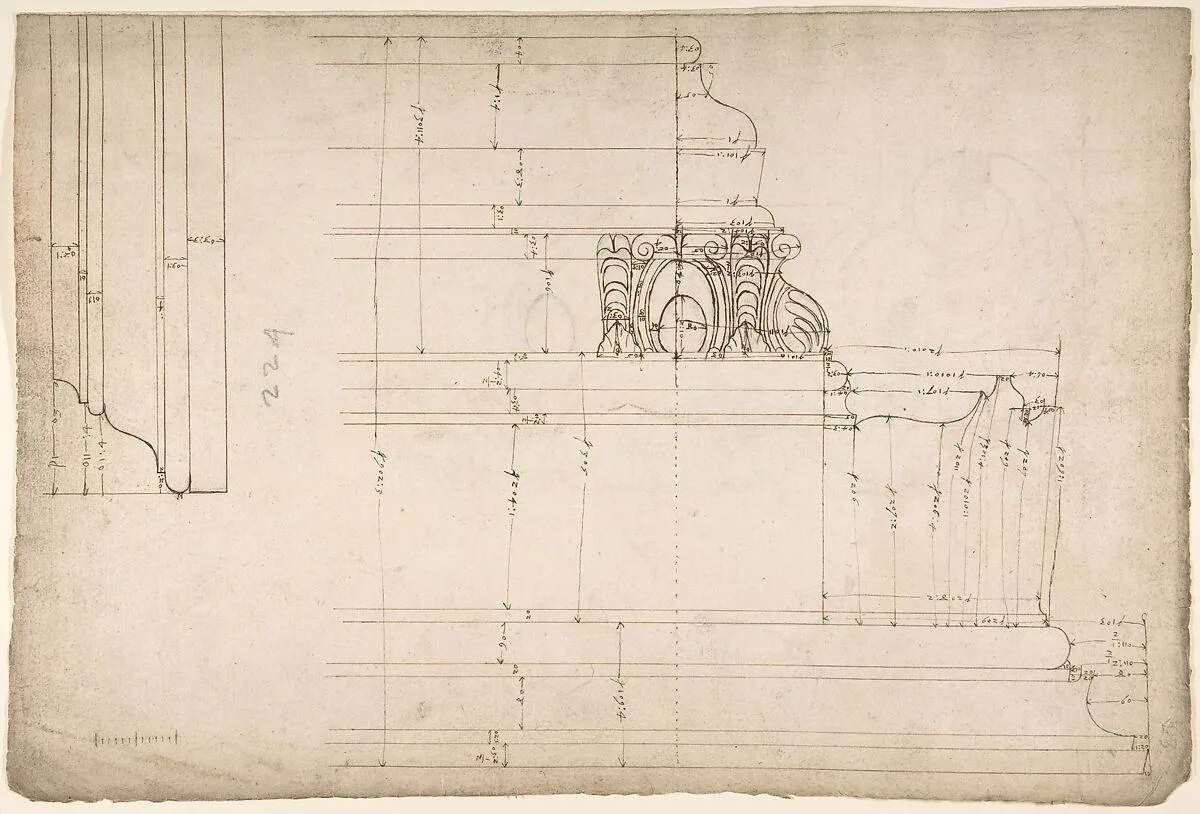St Peter's, cornice, exterior, profile (recto) Unidentified, moulding, elevation; Unidentified structure, plan (verso) — Anonymous, French, 16th century