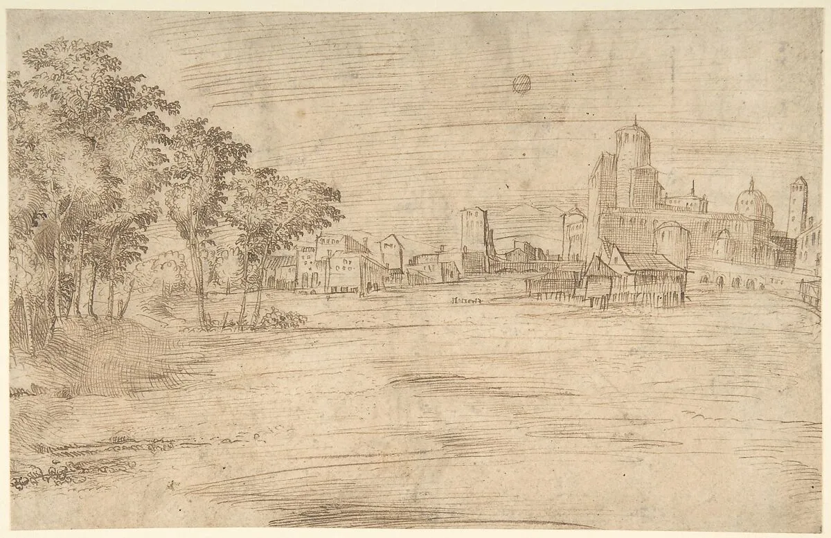 Landscape with Buildings (recto); Studies for a Flagellation (verso) — Anonymous, Italian, 16th century