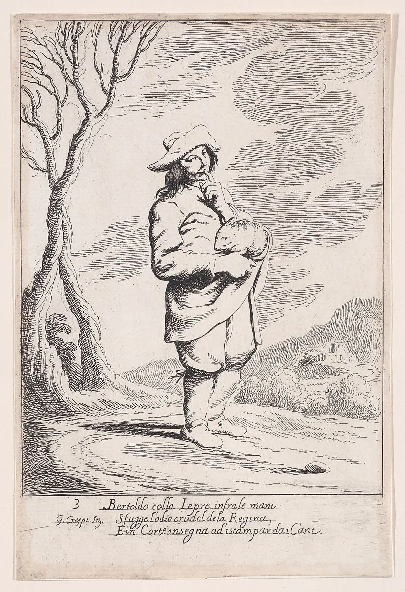 Plate 3: Bertoldo holding a hare in his hand, from "Bertoldo, Bertoldino, and Cacasenno" — Giuseppe Maria Crespi