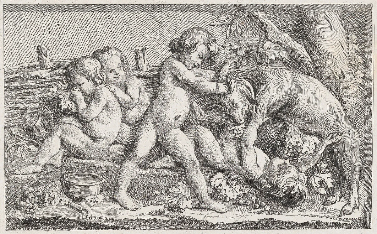 Nude children eating grapes and playing with a goat; an allegory of Fall, after a bas-relief on the Fontaine des Quatre-Saisons (Paris) — Anonymous|Edme Bouchardon