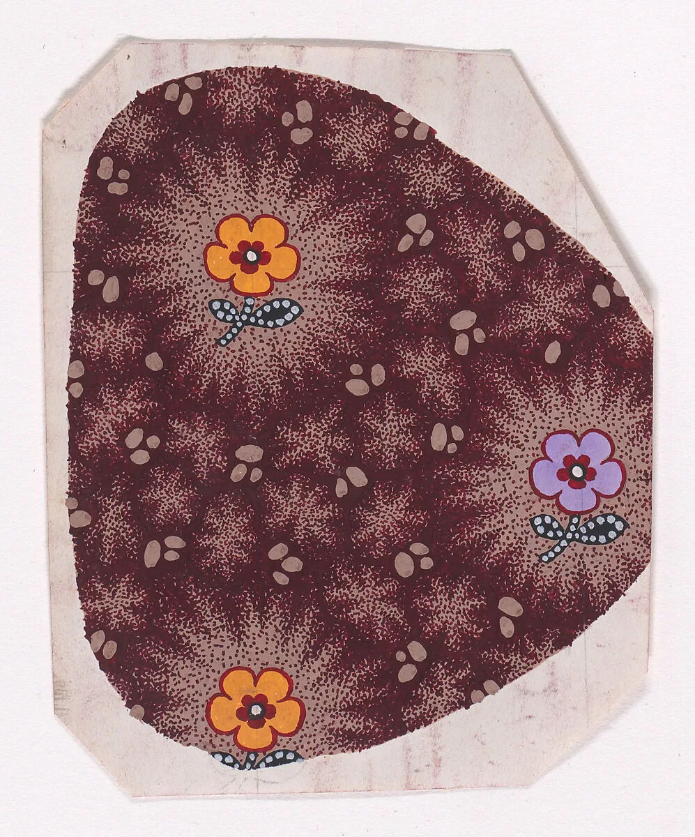 Textile Design of Alternating Vertical Rows of Stylized Flowers on Stems with Two Leaves Decorated with Pearls over a Stippled Background with Star-Like Shapes and Egg-Shapes — Anonymous, Alsatian, 19th century
