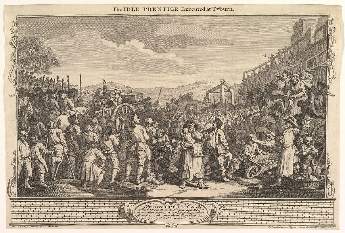 The Idle 'Prentice Executed at Tyburn: Industry and Idleness, plate 11 — William Hogarth