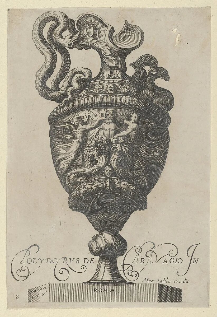 Plate 8: Vase or Ewer Decorated with a Satyr Figure, Behind Two Cornucopias, and Two Winged Victory Figures, from Antique Vases (‘Vasa a Polydoro Caravagino’) — Cherubino Alberti (Zaccaria Mattia)|Polidoro da Caravaggio|Aegidius Sadeler II|Marcus Sadeler