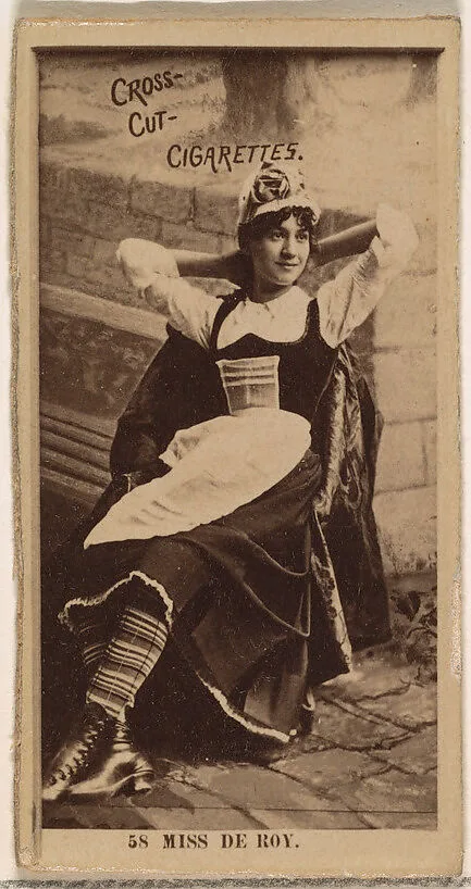 Card Number 58, Miss De Roy, from the Actors and Actresses series (N145-2) issued by Duke Sons & Co. to promote Cross Cut Cigarettes — W. Duke, Sons & Co.