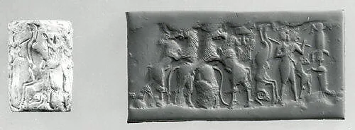 Cylinder seal and modern impression: bull-man, bearded hero, and lion contest frieze — Unknown