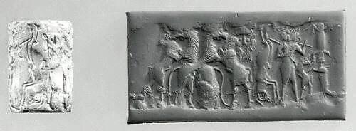 Cylinder seal and modern impression: bull-man, bearded hero, and lion contest frieze
