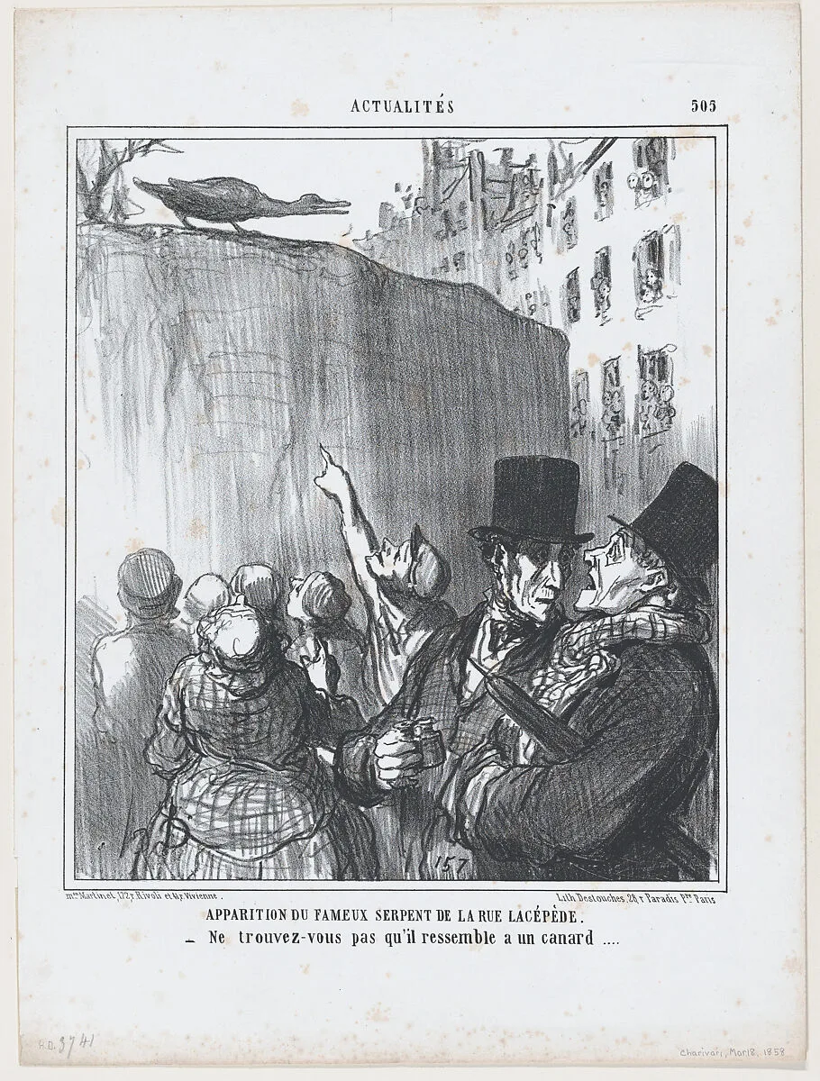 Apparition du fameux serpent de la rue Lacépède..., from Actualités, published in "Le Charivari" — Aaron Martinet|Honoré Daumier|Destouches