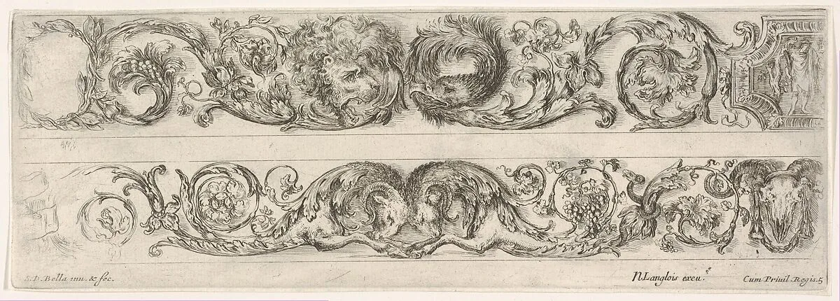 Two Frieze Designs with Acanthus Scrolls combined with a Lion and Eagle on top and Two Rams below, Plate 5 from: 'Decorative friezes and foliage' (Ornamenti di fregi e fogliami) — Stefano della Bella|Nicolas Langlois