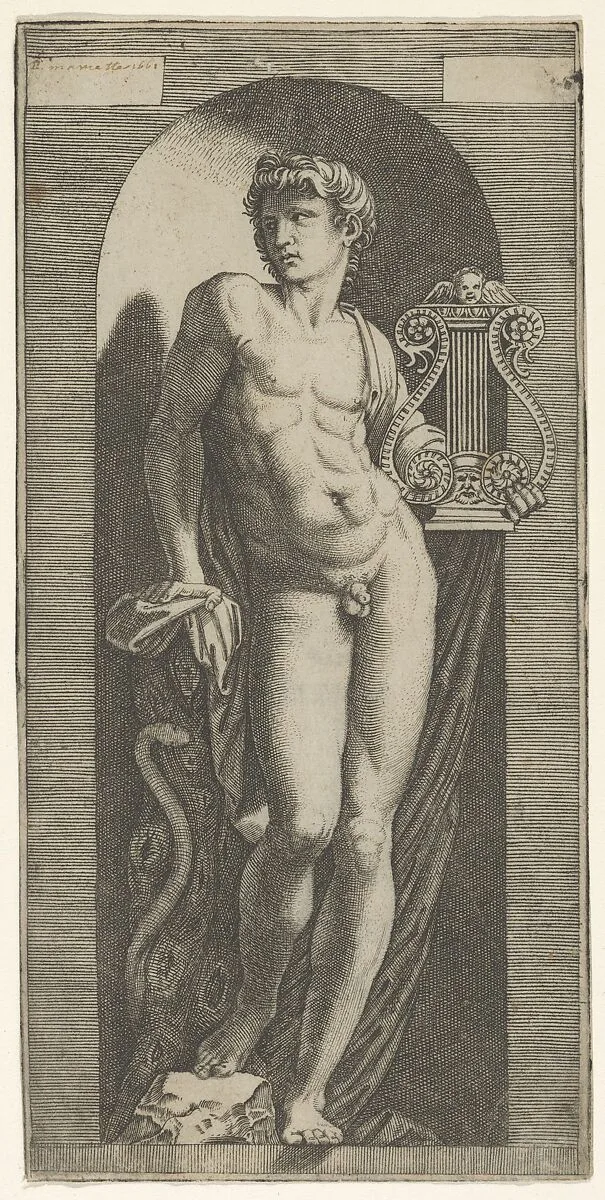 A statue of Apollo, naked standing in a niche, holding a lyre in his left hand and leaning on a tree trunk — Marcantonio Raimondi|Raphael (Raffaello Sanzio or Santi)