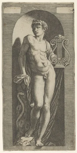 A statue of Apollo, naked standing in a niche, holding a lyre in his left hand and leaning on a tree trunk