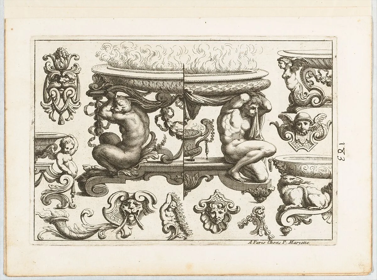 Desseins de Brasiers dont les Ornements peuuent Seruir aux Cuuettes, Tables, et autres Ouurages d'Orfeurerie, Plate 3 — Alexis Loir|Pierre Mariette le fils