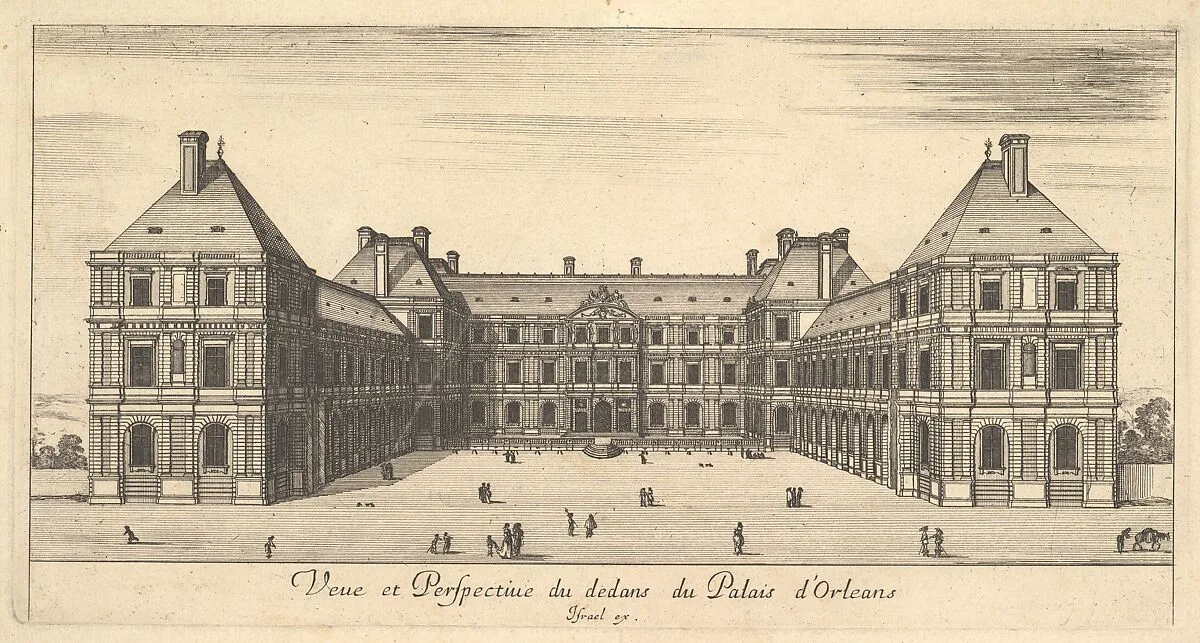 View and Perspective of the inside of the Palais d'Orleans, from 'Various views of remarkable places in Italy and France' (Diverses vues d'endroits remarquables d'Italie et de France) — Stefano della Bella|Israel Silvestre|Jean Marot