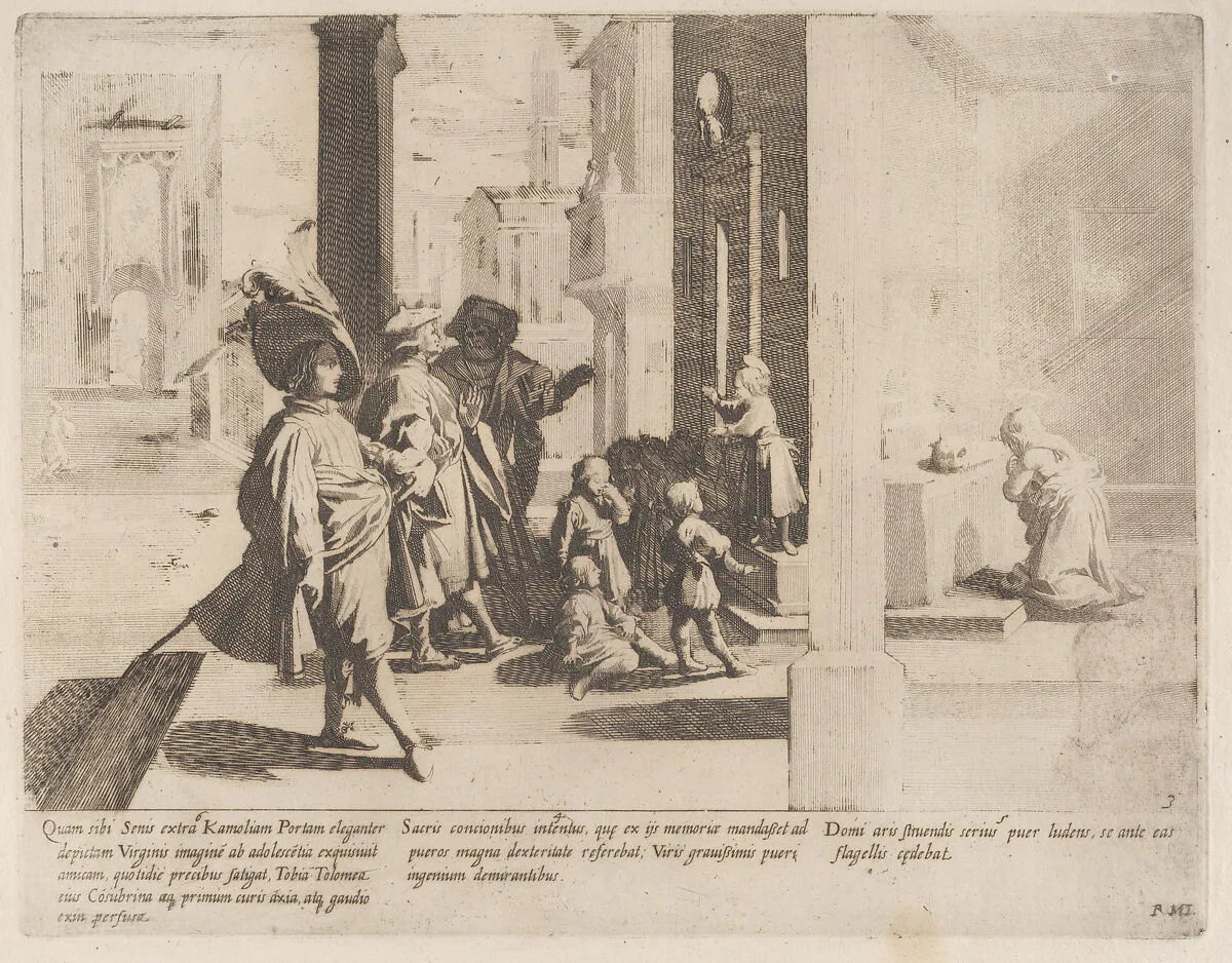Episode 4: The Young Saint Bernardino preaches to a group of boys while important men admire him; Episode 5: The Young Saint Bernardino scourges himself; Episode 6: Saint Bernardino's cousin prays before an image of the Virgin, from "The Life of Saint Bernardino of Siena" — Bernardino Capitelli|Saint Bernardino of Siena|Rutilio Manetti