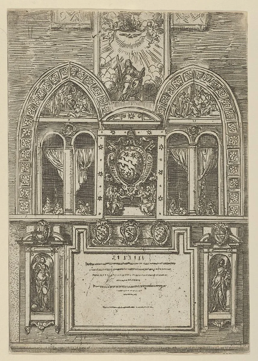 Façade of the Palazzo del Senato in Bologna with the Papal arms at center, with temporary decorations for the entry of Pope Clement VIII in Bologna in 1598 — Guido Reni